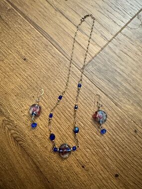 14K Gold Filled Handcrafted Blue Glass Bead Necklace and Earrings Set